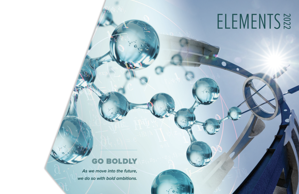 Inside cover spread of the print version of Elements Magazine, showing molecules and the Neuton Statue at CSU.