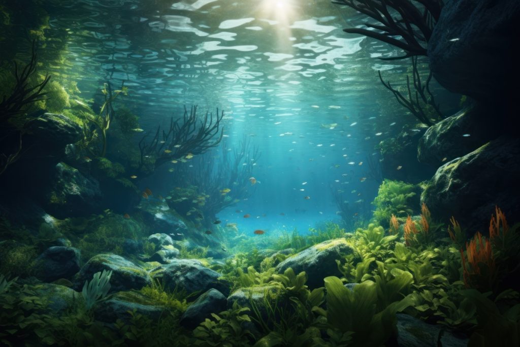 A vivid sea floor with green and brown algae clinging to rocks, sun streaming from above and fish swimming in the distance.