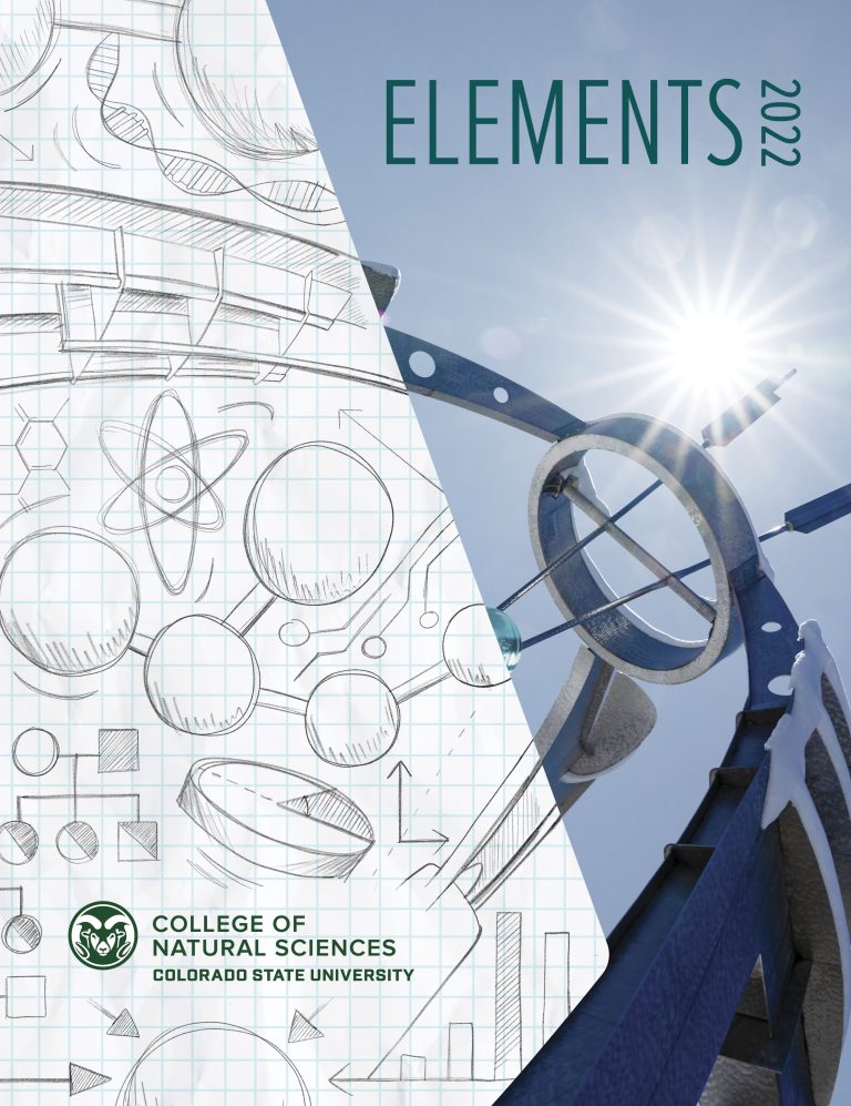 The cover of Elements Magazine 2022, which shows pencil drawings of math concepts on graph paper and seamlessly blend with a photo of the Newton Sculpture at C S U.
