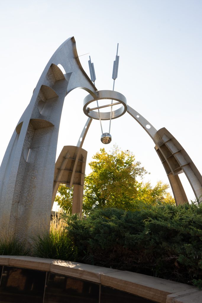 "Newton's Corner," a metal arch commemorating Sir Isaac Newton.