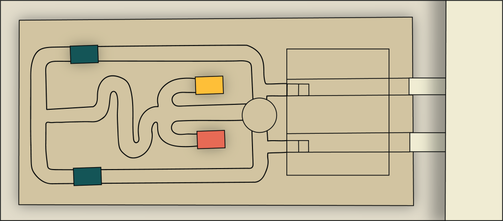 An illustration of a medical device. It features various veins with different color blocks.