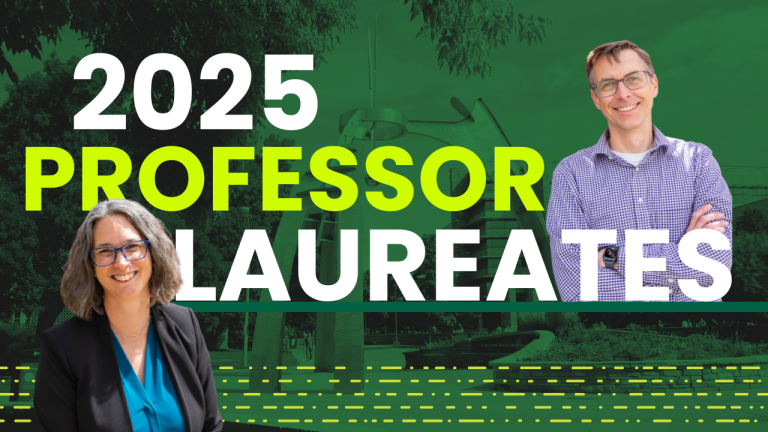 Graphic featuring Delphine Farmer and Eric Ross with the Newton statue in the background.