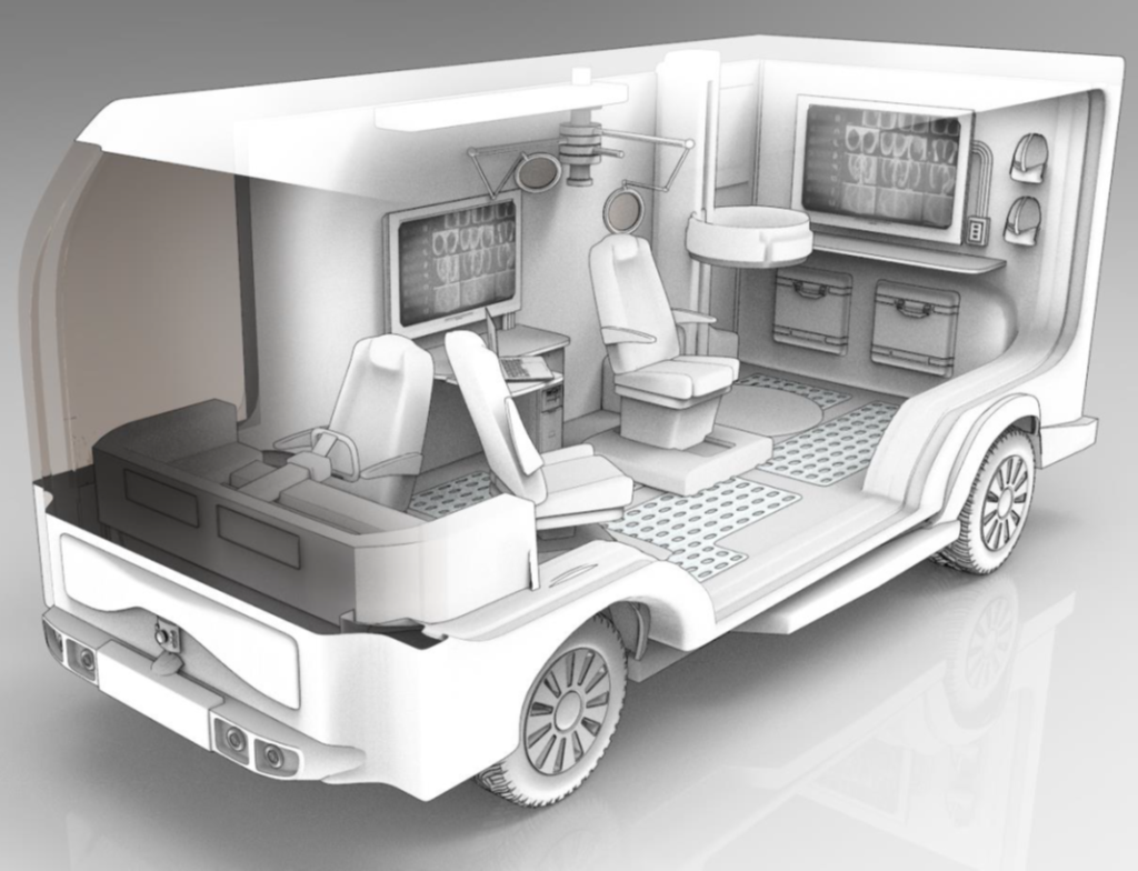 Rendering of the mobile clinic that will use AI powered systems as part of human-robot collaboration to support rural health care.
