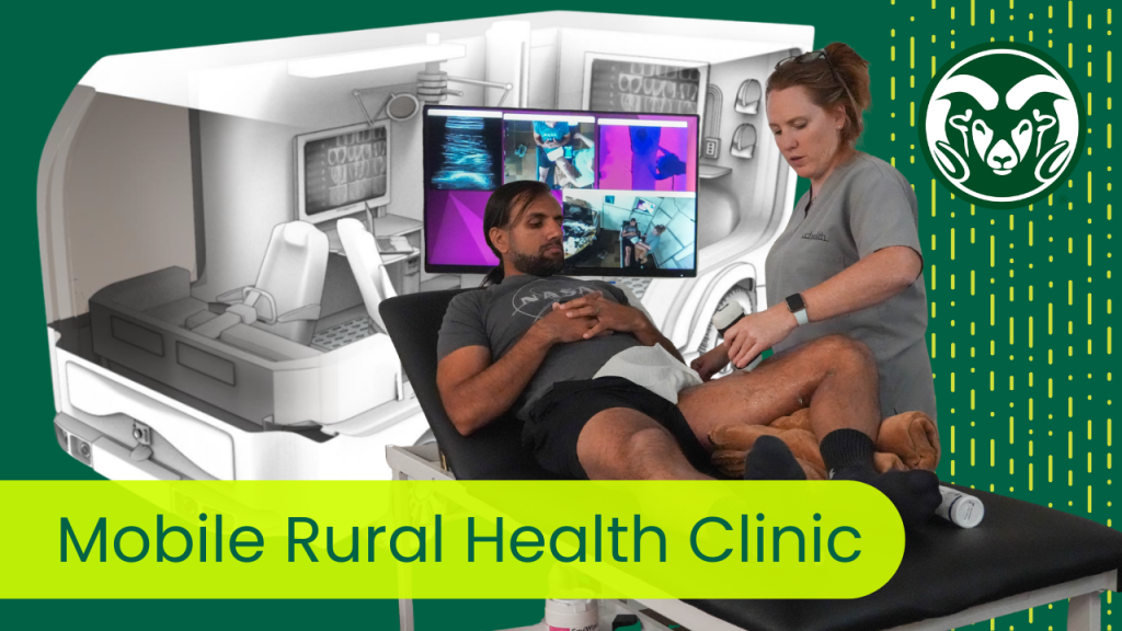 A graphic featuring a person laying on a examination table while a nurse preforms an ultrasound of their leg. A rendering of a medical van is in the background.