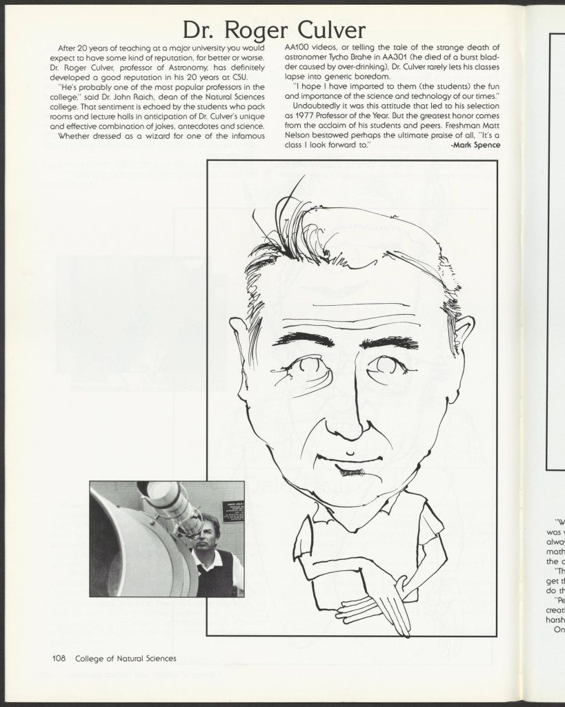 Scan of a yearbook spread including a photo and caricature of Roger Culver.